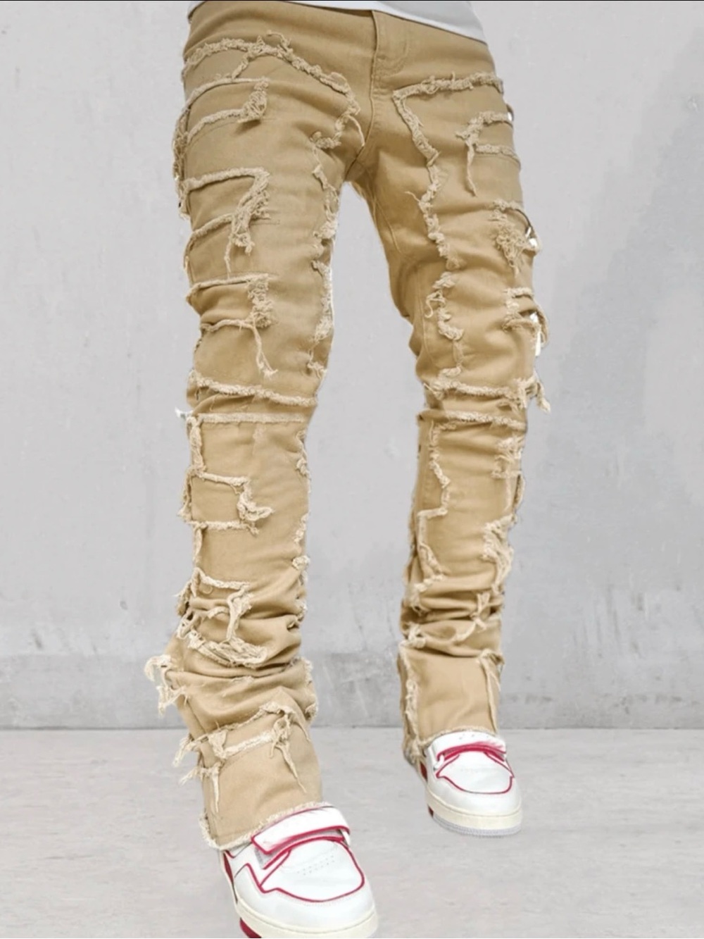 Men’s Distressed Stacked Khaki Jeans Frayed Patchwork Streetwear Pants
